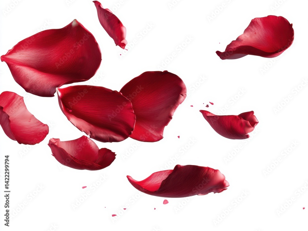 Fototapeta premium Elegant arrangement of vibrant crimson rose petals floating gracefully against a pristine white background romantic and delicate floral composition