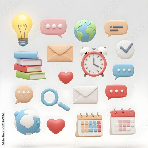 set of icons for web, 3D Social Media and Education Icon Set on White: Communication and Learning
