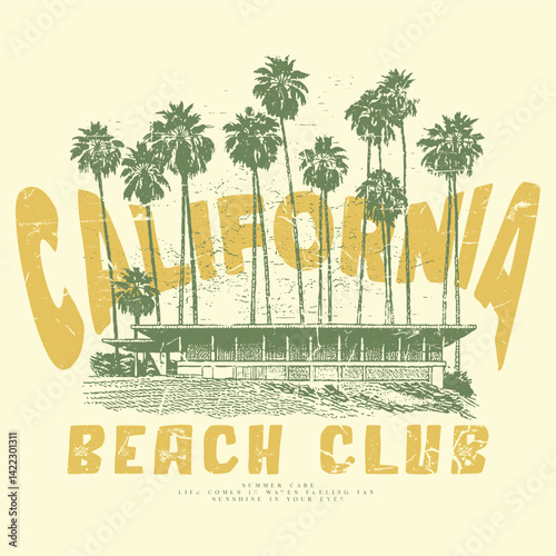 California Beach resort hand-drawn summer apparel t-shirt design. Tropical holiday T-shirt design For Resort Vibes, beach resort with big waves, malibu beach, summer vibes hand draw, summer slogan