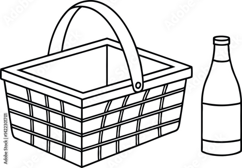 Outline of Picnic Basket with Bottle, Black and White Isolated on Transparent