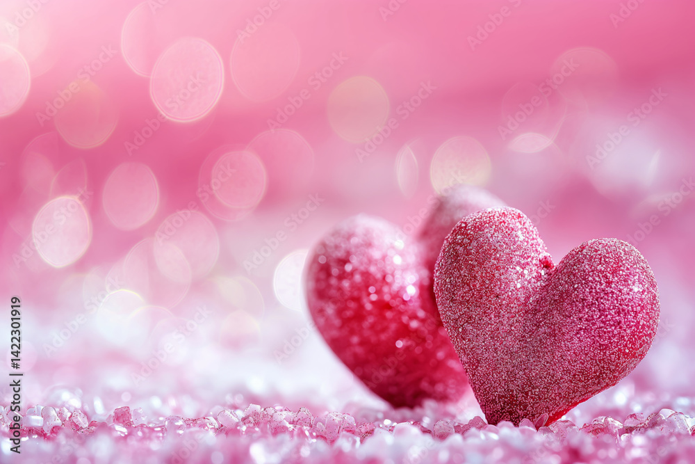 Fototapeta premium Sparkling sugar hearts on pink bokeh background. Love and Valentine's Day theme. 