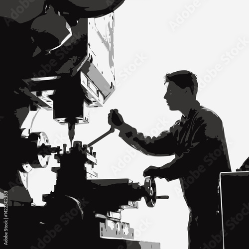 A young man in overalls operates a vintage lathe machine in a workshop. Focused, industrial setting, side view, bright background.
