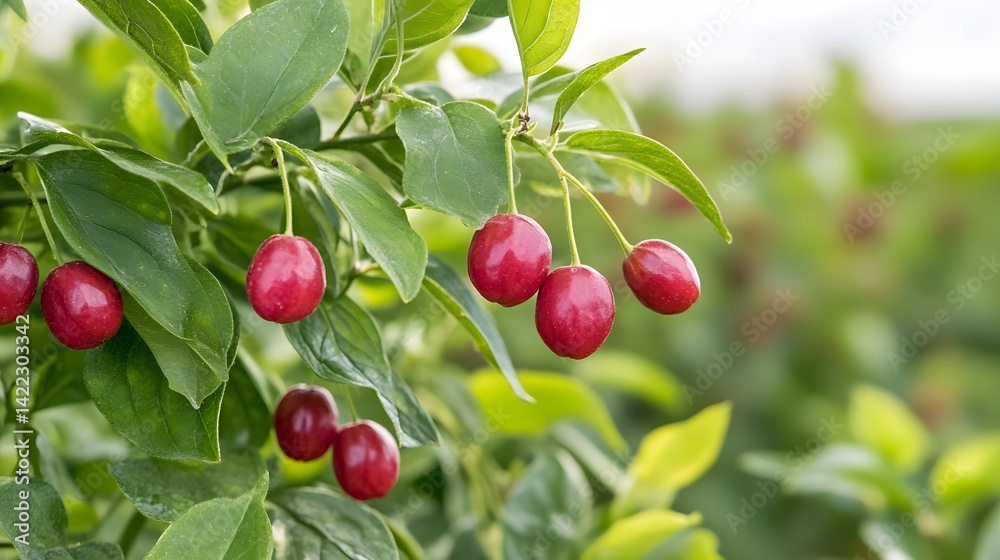 Fototapeta premium Vibrant Red Cornelian Cherries on Branch Lush Green Foliage