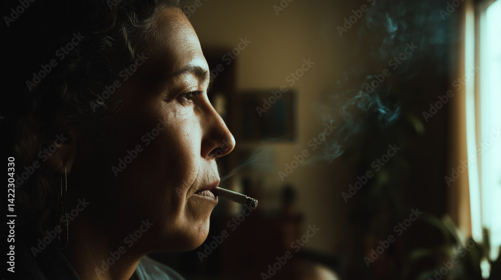 Fototapeta premium Pensive Mid-Aged Woman Smoking in Dimly Lit Room, Contemplation, Solitude, and Introspection Reflected in Profile Portrait
