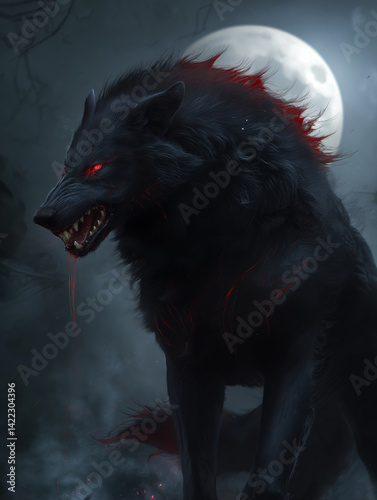 Dark Fantasy Black Wolf, Fierce Glowing Red Eyes, Supernatural Creature, Mystical Forest Setting, Digital Painting, Intricate Details, Intense Gaze, Threatening Posture, Shadowy Atmosphere, Gothic