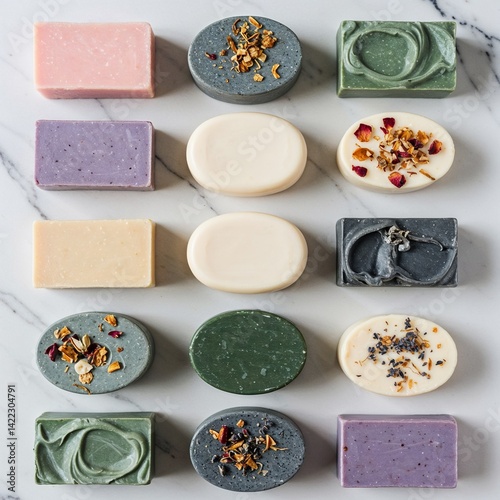 Handmade soap bars in various colors and flavors on marble background  