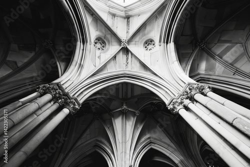 A black and white photograph showcasing the intricate details and architectural balance of a gothic cathedral ceiling, Showcase the symmetry and balance of Gothic architecture