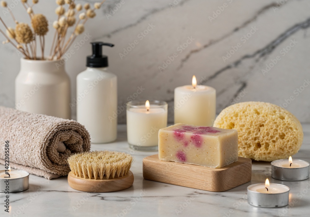 Aromatic soap and spa accessories arranged on a marble background Aromatic soap and spa accessories arranged on a marble background