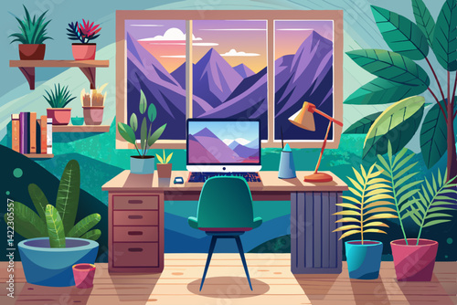 vector of A stylish desk arrangement with a desktop computer that showcases a mountain view surrounded by indoor plants creates a calm and inspiring workspace by...