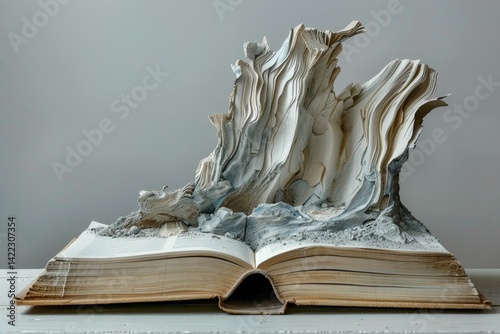 An open book with its pages sculpted into a majestic mountain range, A textbook transformed into a sculpture