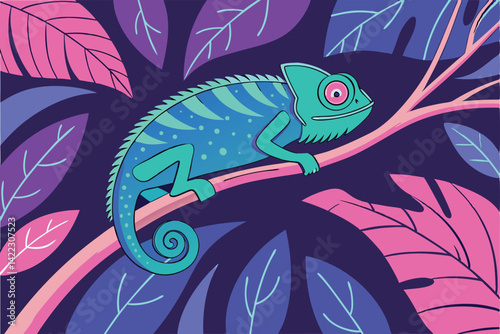 Vibrant Chameleon on Branch Colorful Tropical Illustration