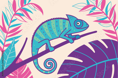 Vibrant Chameleon on Branch Colorful Tropical Illustration