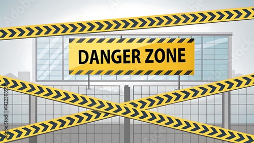 Danger Zone: A striking yellow and black hazard tape forms a visible barrier around a danger zone. A building is in the background, emphasizing the need for caution and highlighting a potential risk.