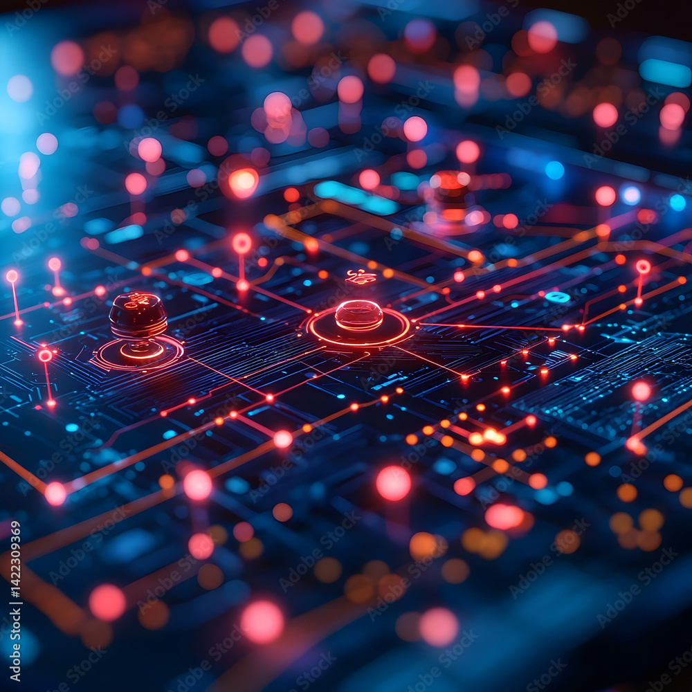 A futuristic circuit board glows with red and blue lights depicting data flow and connections. It's perfect for tech-themed websites or presentations about technology. A futuristic circuit board glows with red and blue lights depicting data flow and connections. It's perfect for tech-themed websites or presentations about technology.