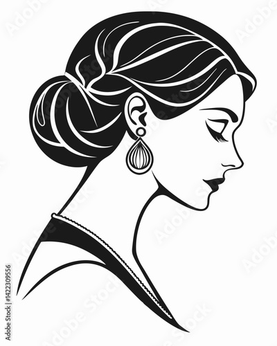 Elegant Woman Profile Graceful Hair Bun and Dazzling Earrings Illustration