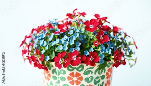 Wallpaper Mural Red and Teal Catmint & Forget-Me-Nots in Patterned Fabric Pot - Spring Floral Still Life Torontodigital.ca
