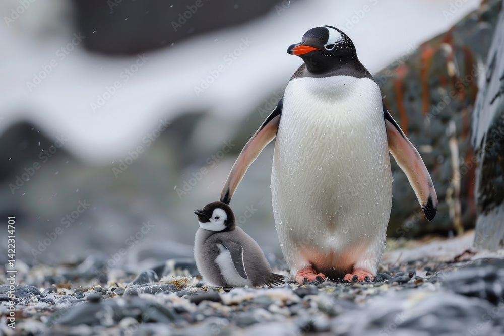Fototapeta premium A Gentoo penguin walks in front of its young chick on a rocky, snowy beach, A penguin with a baby chick following closely behind