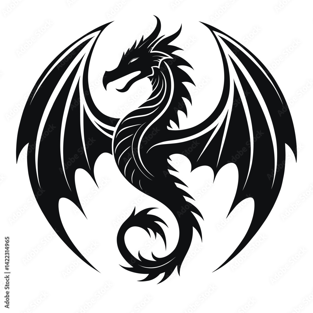 Naklejka premium Dragon Silhouette Logo – Black and White Minimalist Fantasy Vector Art