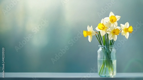   A vase filled with yellow and white daffodils sits atop a table, adjacent to a blue wall