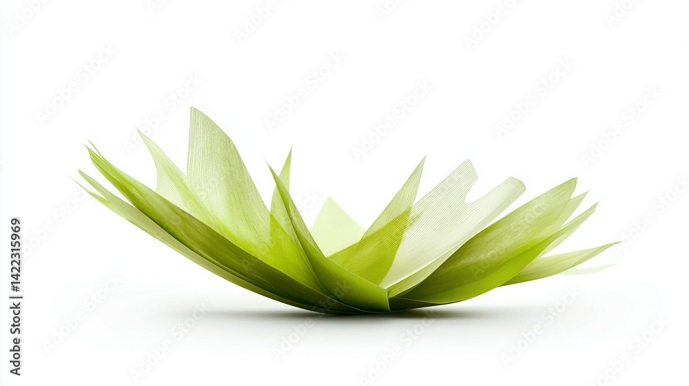 Obraz premium A clear photo of a green flower against a white backdrop, reflecting light at its base