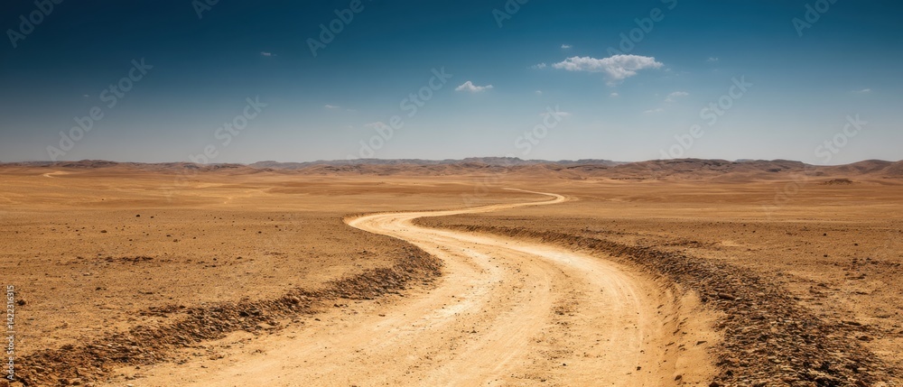 Fototapeta premium Serene desert landscape with winding road under a clear blue sky offering a sense of adventure and exploration in a vast arid environment