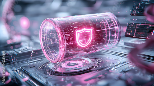 A digital shield concept protects data. It shows a glowing battery with a shield symbol embedded on a circuit board emphasizing cyber security. Suitable for tech security company marketing.