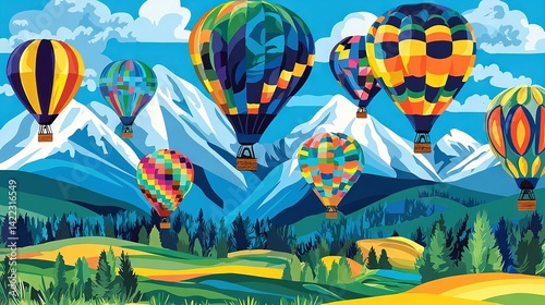   A painting of hot air balloons flying in the sky above snow-capped mountains in a mountain range