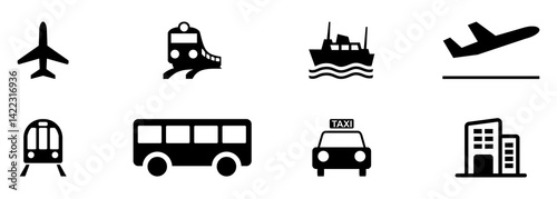 Set of black transport icons airplane, train, bus, ship, metro, taxi, and hotel. Ideal for travel apps, maps, infographics, and UI design. Simple vector silhouettes.