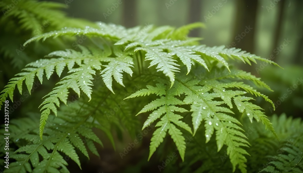 Close-up view of vibrant green fern leaves with water droplets in a forest setting. Close-up view of vibrant green fern leaves with water droplets in a forest setting.