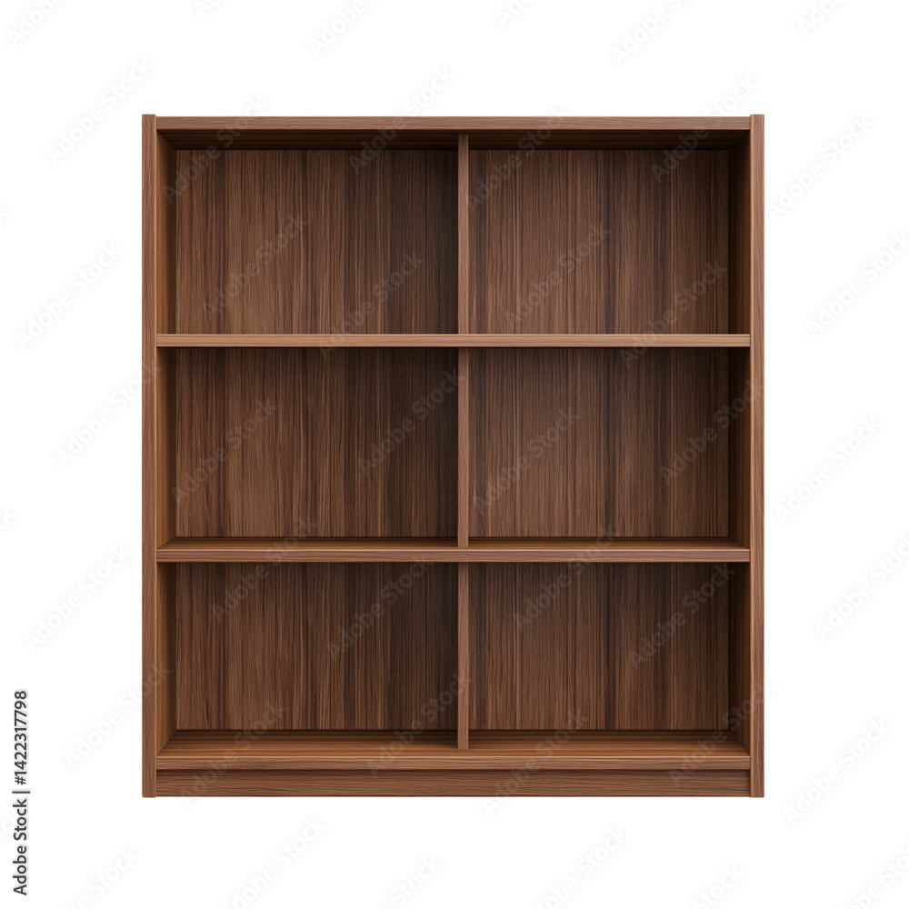 Modern Wooden Bookshelf with Six Compartments Isolated on Transparent Background, Cut Out. PNG for Interior and Furniture Use Modern Wooden Bookshelf with Six Compartments Isolated on Transparent Background, Cut Out. PNG for Interior and Furniture Use
