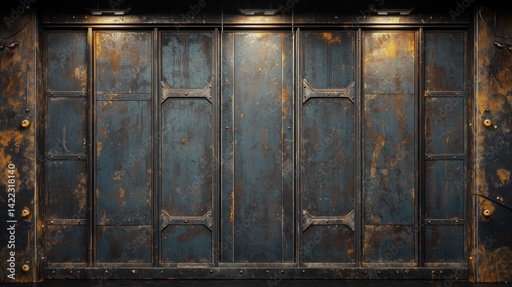 Aged industrial metal wall with grungy rust texture, dark panels, rivets, and overhead lighting in a sci-fi style environment. Aged industrial metal wall with grungy rust texture, dark panels, rivets, and overhead lighting in a sci-fi style environment.