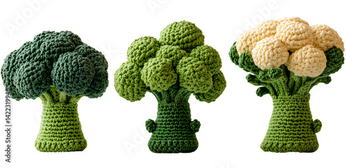  Three different knitted broccoli florets, isolated on a transparent background, in a PNG file format.