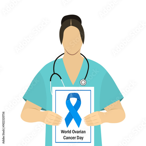 A young nurse in medical attire holds a banner reading World Ovarian Cancer Day to raise awareness and show support for the cause. Vector illustration Not AI generated