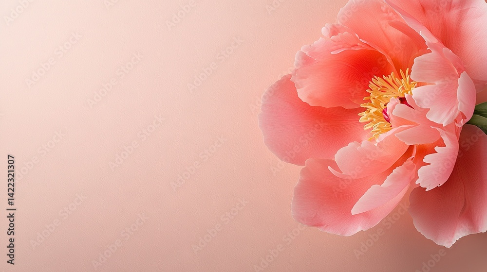 A close-up of a pink flower on a pink background with a yellow stamen in the center