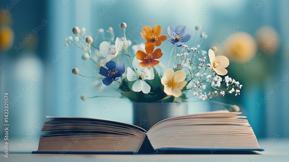 An open book rests atop a table, beside a vase brimming with wildflowers and baby's breath