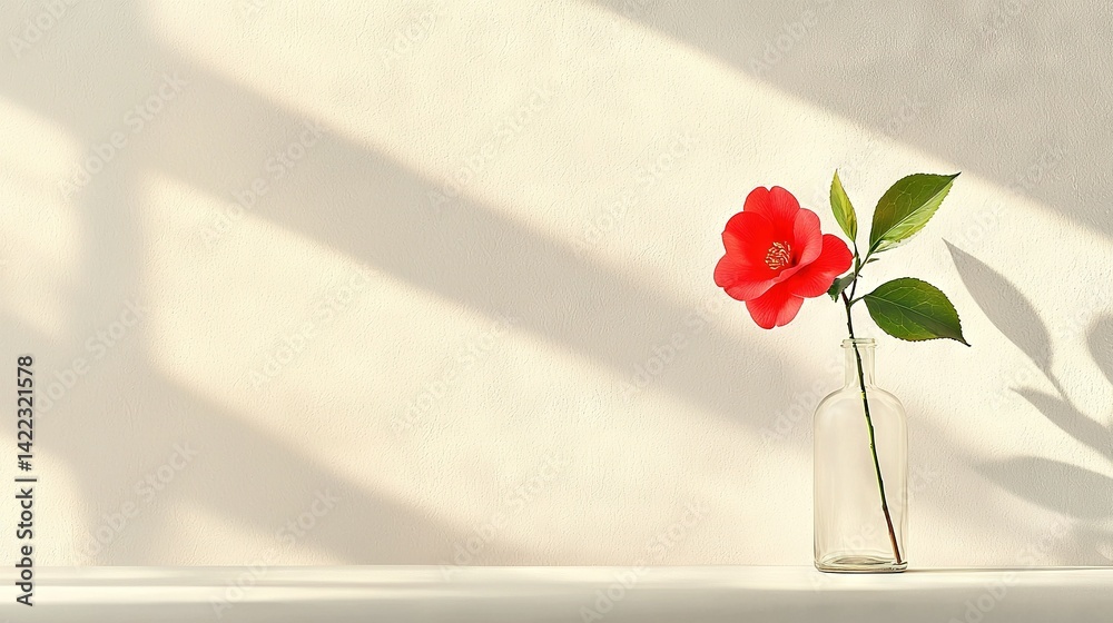 A lone crimson bloom resting in a transparent container atop a white surface, with a dark silhouette projecting onto the adjacent wall