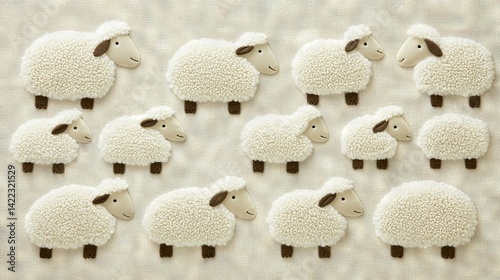 Obraz na płótnie A group of sheep gathered on a white bed, adorned with magnetic sheep accessories on top of a sheet w salonie