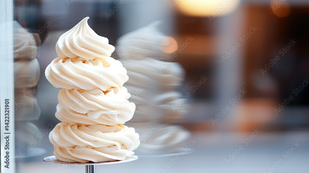 A tower of whipped cream atop a metal pedestal, positioned before a glass exhibit with iced frosting on top