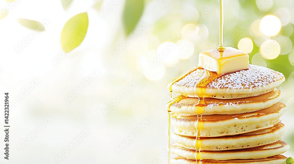 A sunny day with a stack of golden pancakes drizzled with honey and topped with melted butter