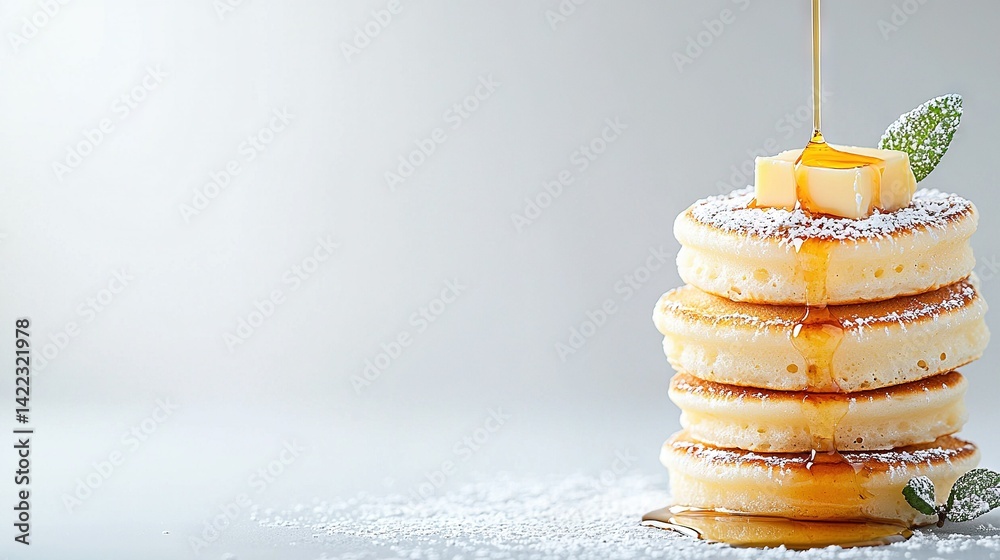 A pile of pancakes dusted with powdered sugar and topped with a green leaf