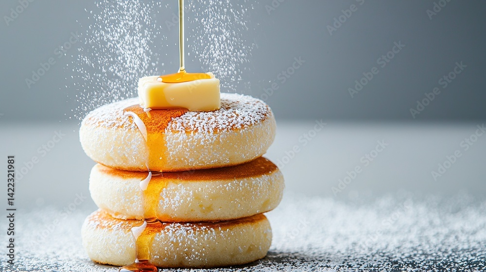 A stack of doughnuts, powdered with sugar and crowned with melted butter