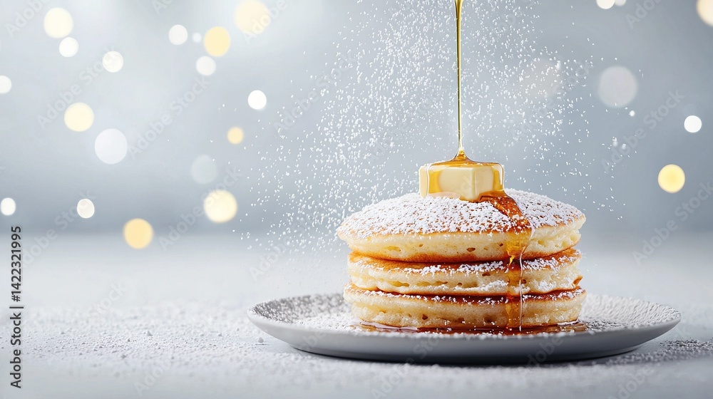 A plate of pancakes stacked and dusted with powdered sugar, topped with syrup drizzles