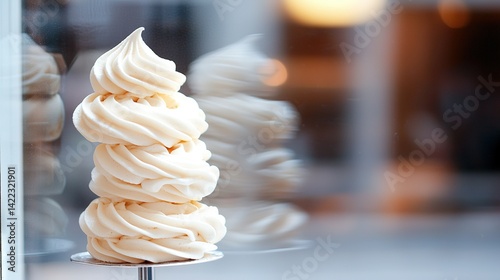 Obraz na płótnie A tower of whipped cream atop a metal pedestal, positioned before a glass exhibit with iced frosting on top w salonie