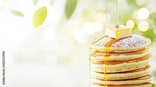 Obraz na płótnie A sunny day with a stack of golden pancakes drizzled with honey and topped with melted butter w salonie