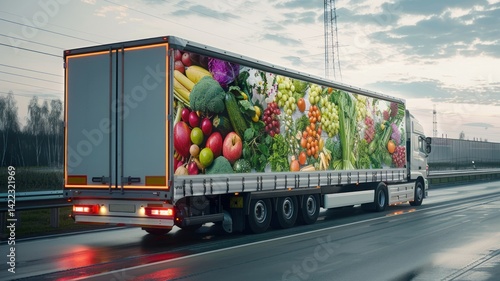 A truck transports food on the road. Fresh produce on the trailer sides.