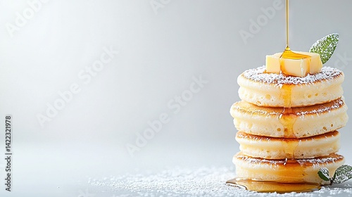 Obraz na płótnie A pile of pancakes dusted with powdered sugar and topped with a green leaf w salonie