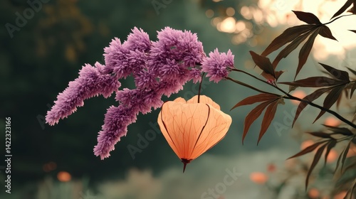 Dreamy Purple Flowers   Orange Lantern Plant  Soft Bokeh Background