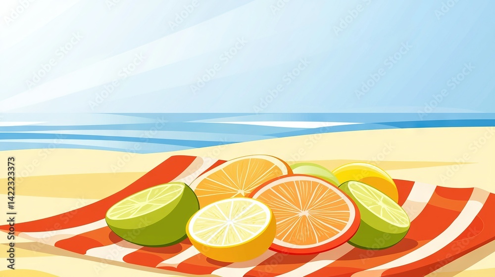 A towel with lemons, limes, and oranges on a beach with the ocean in the background