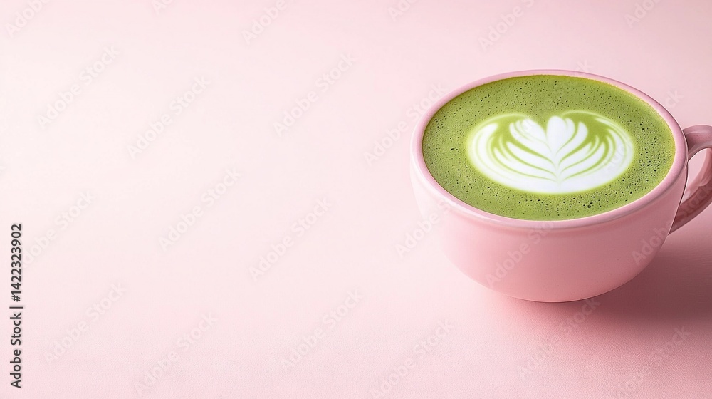 Cup of matcha latte on a pink background with a leaf design atop