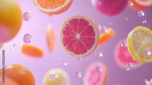   A grapefruit cut in half with lemons on a purple background